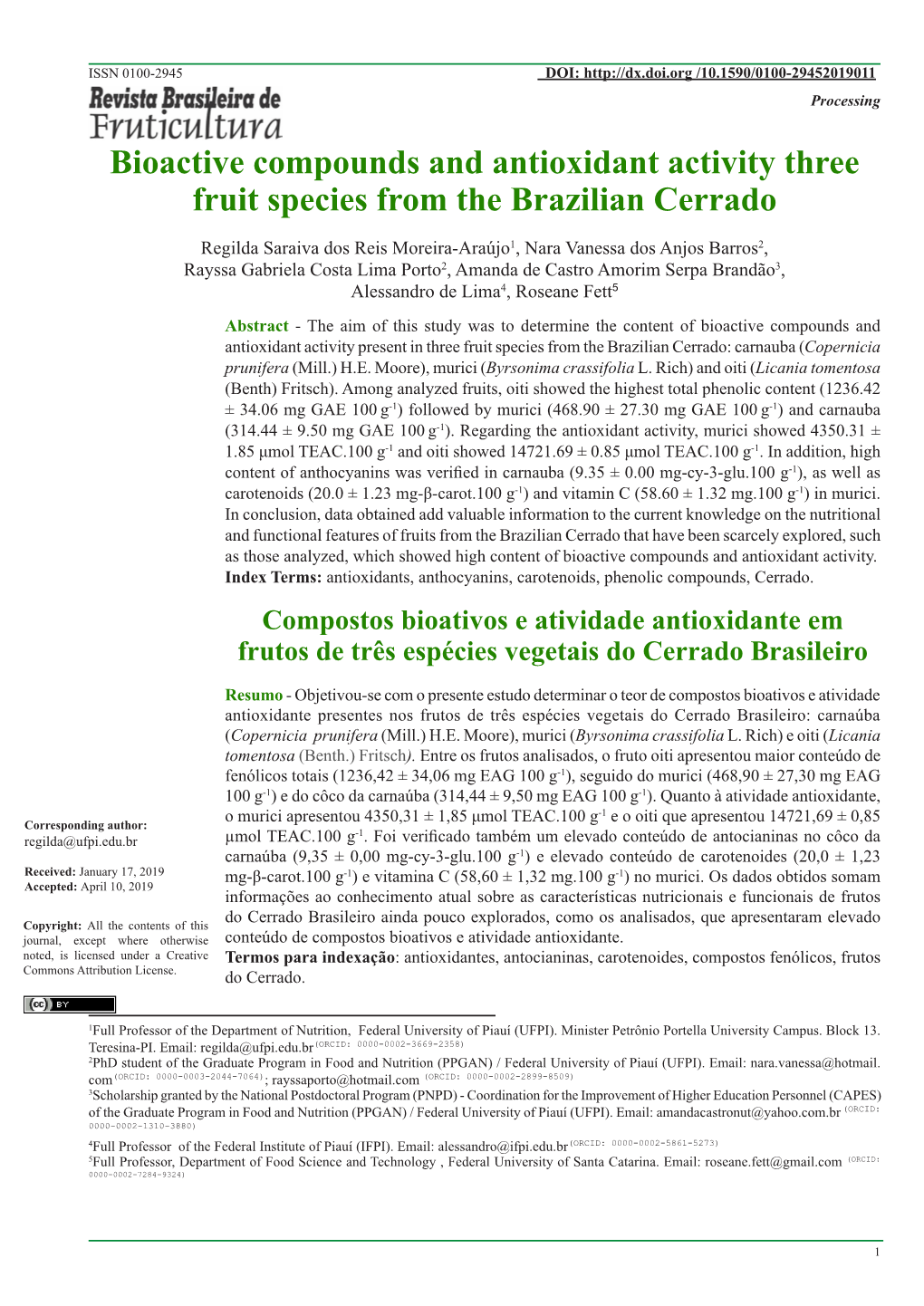 Bioactive Compounds and Antioxidant Activity Three Fruit Species from the Brazilian Cerrado