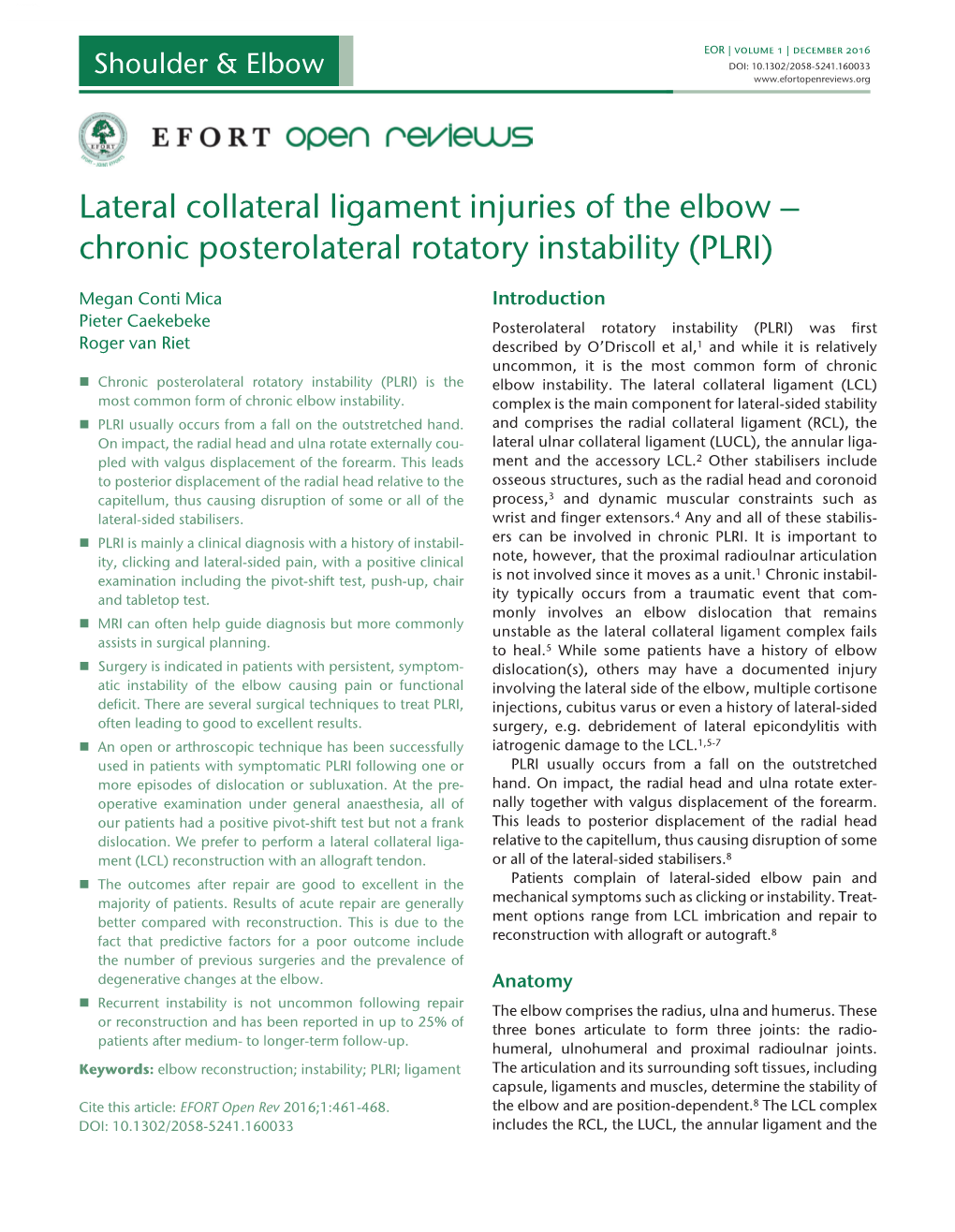 Lateral Collateral Ligament Injuries of the Elbow – Chronic Posterolateral Rotatory Instability (PLRI)