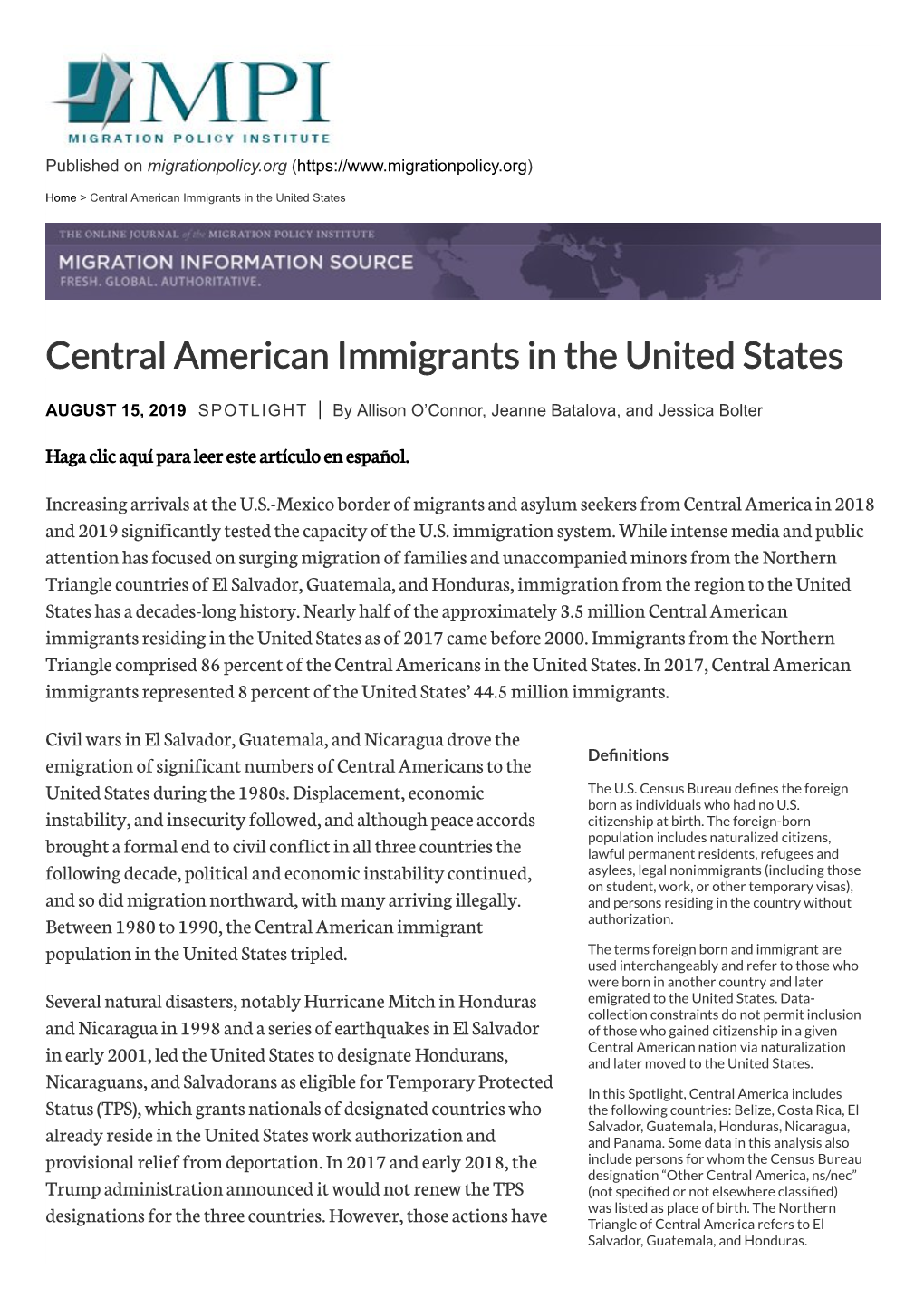 Central American Immigrants in the United States