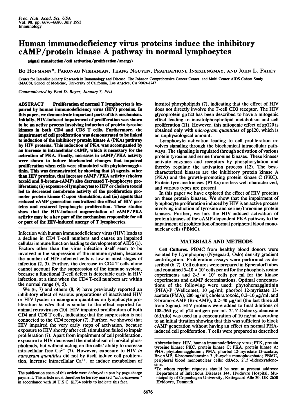 Human Immunodeficiency Virus Proteins Induce the Inhibitory Camp