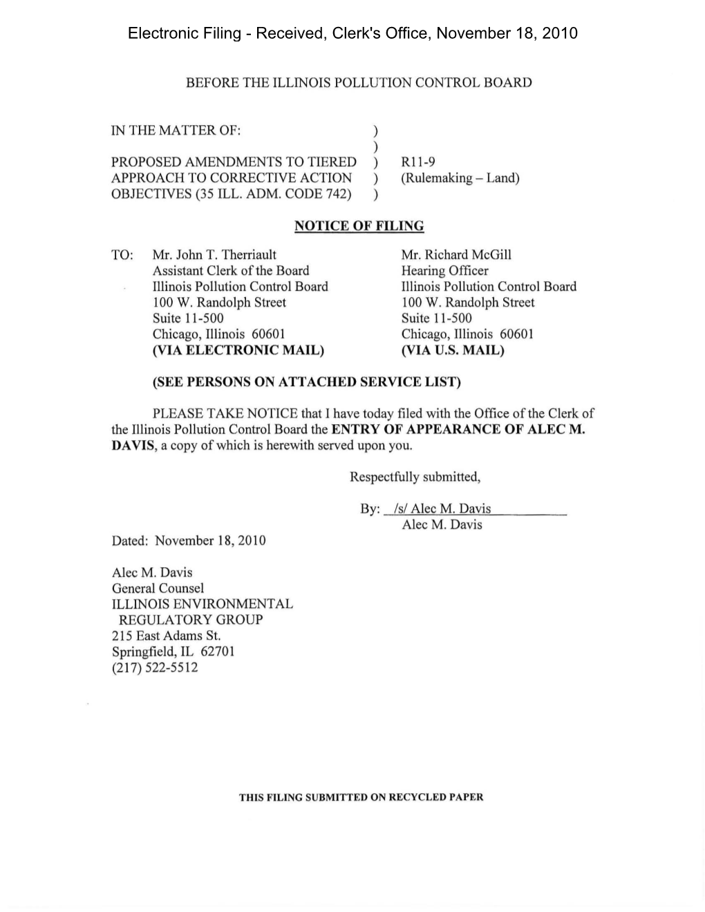 Electronic Filing - Received, Clerk's Office, November 18, 2010