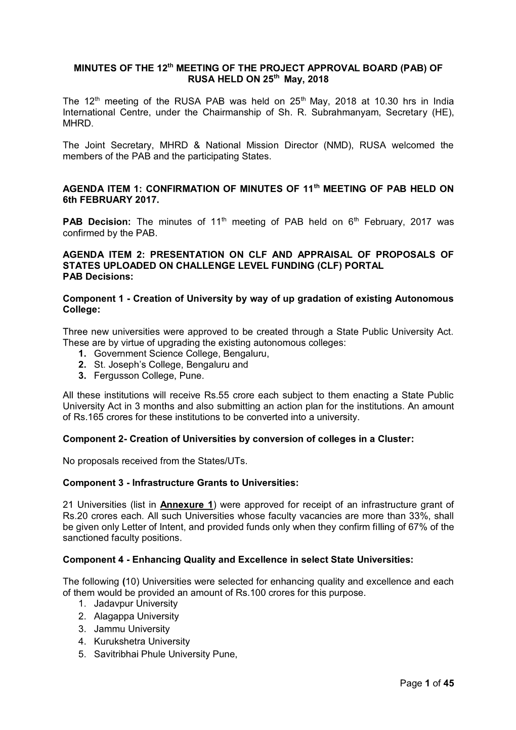 Page 1 of 45 MINUTES of the 12Th MEETING of the PROJECT APPROVAL BOARD (PAB) of RUSA HELD on 25Th May, 2018 the 12Th Meeting Of