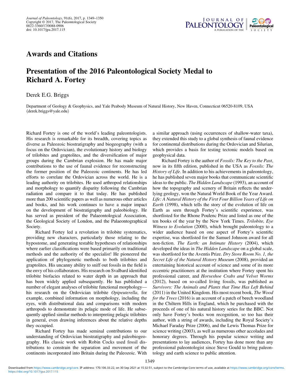 Awards and Citations Presentation of the 2016 Paleontological Society