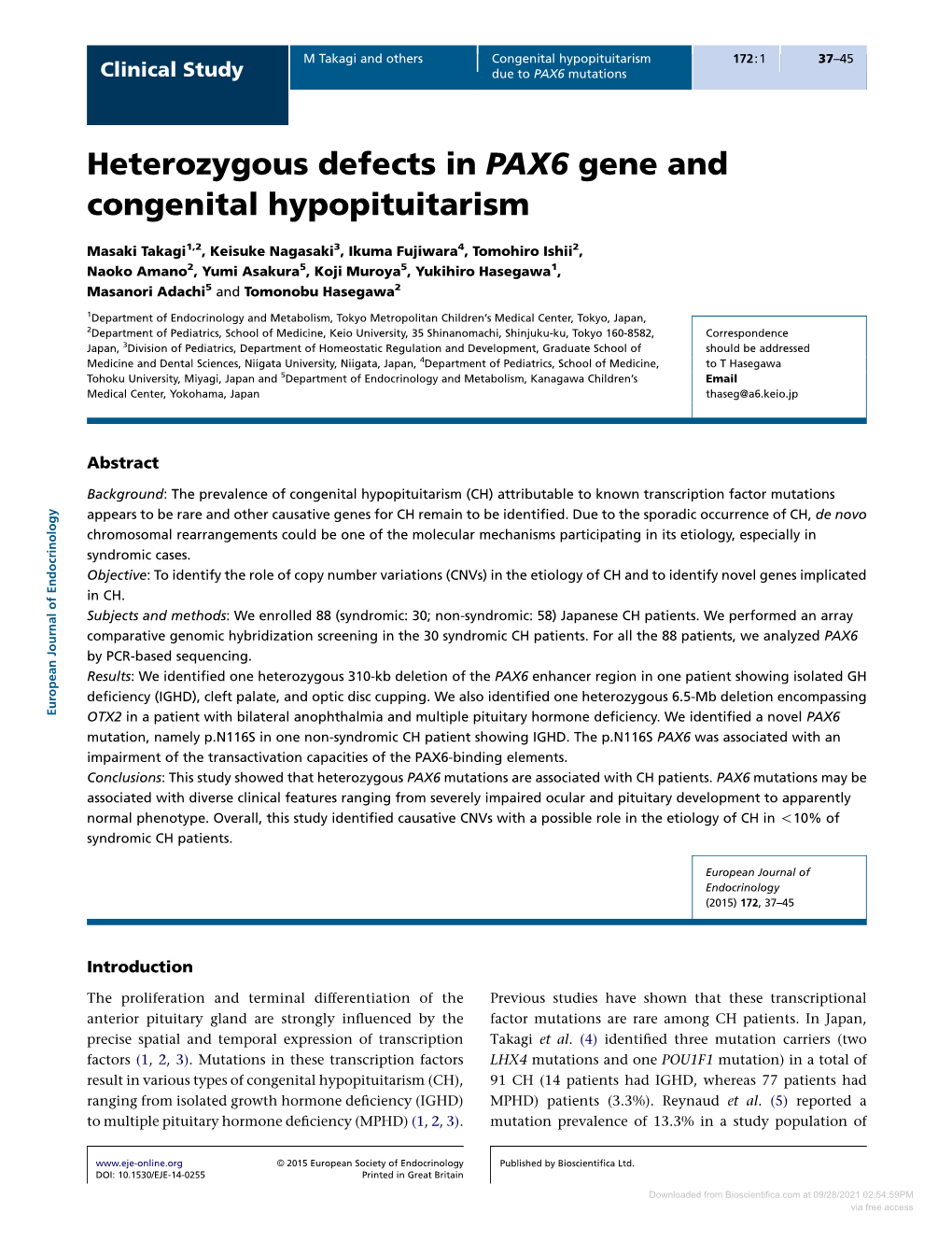 Heterozygous Defects in PAX6 Gene and Congenital Hypopituitarism