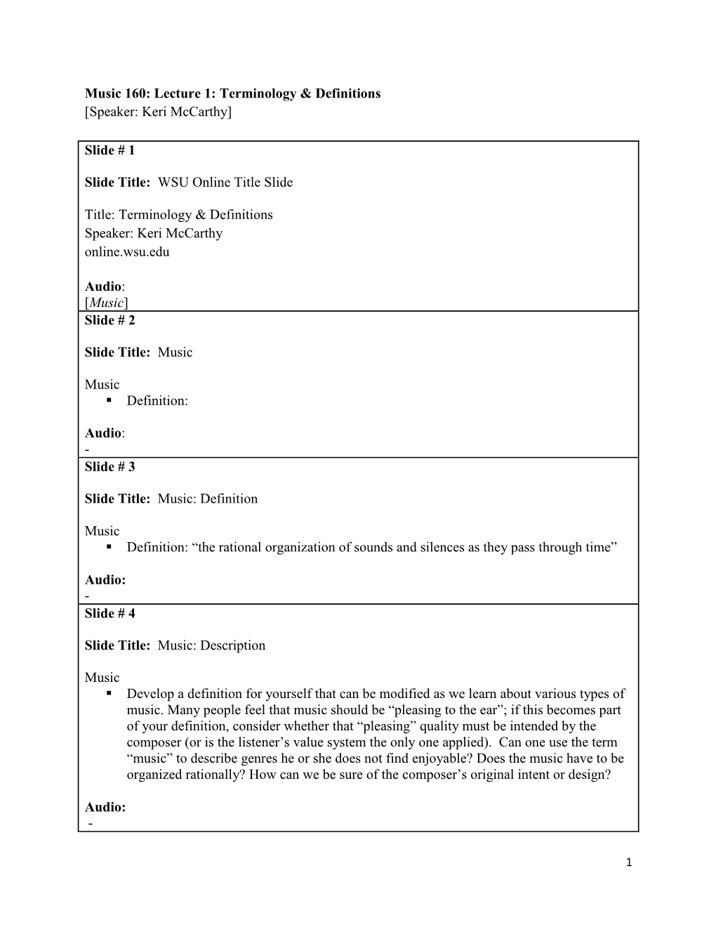 Music 160: Lecture 1: Terminology & Definitions [Speaker: Keri Mccarthy