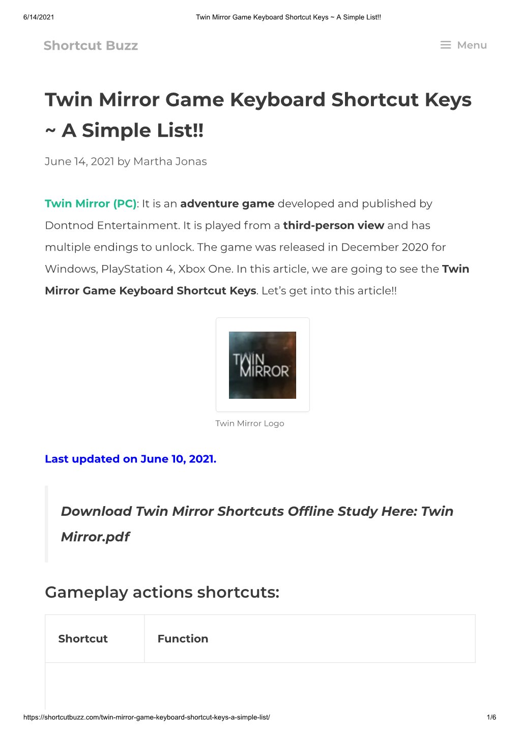 Twin Mirror Game Keyboard Shortcut Keys ~ a Simple List!!