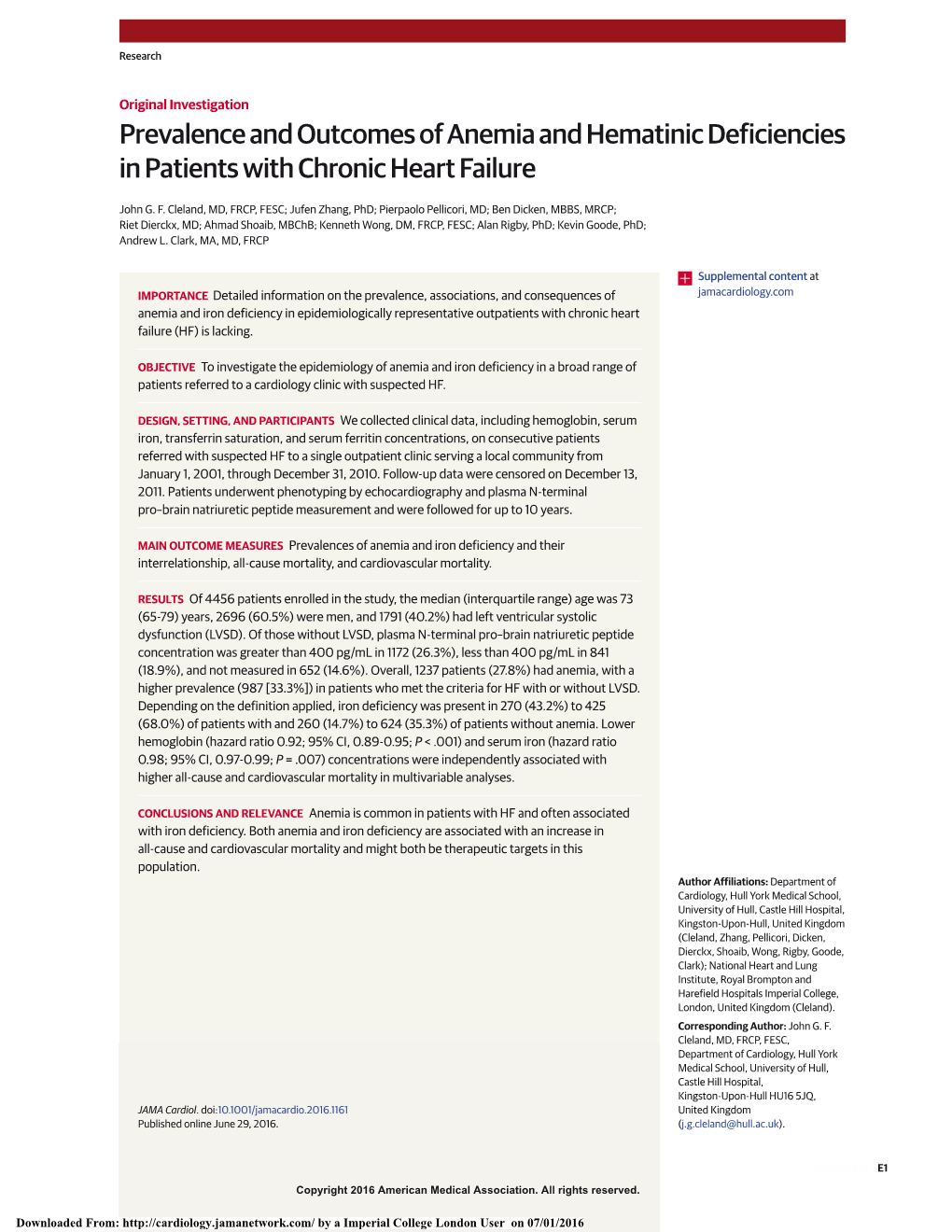 Prevalence and Outcomes of Anemia and Hematinic Deficiencies in Patients with Chronic Heart Failure