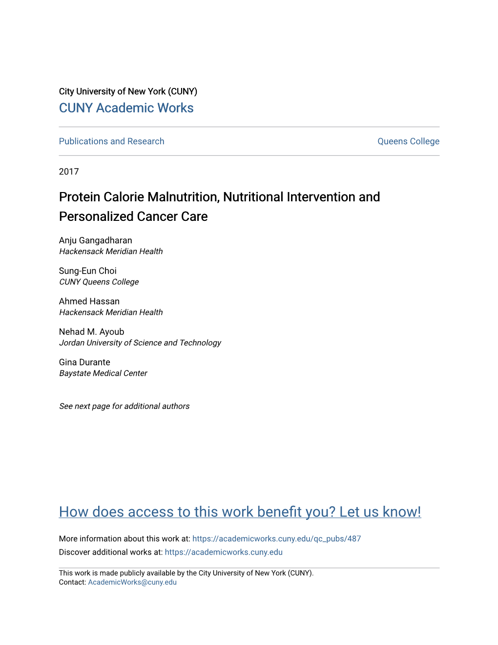 Protein Calorie Malnutrition, Nutritional Intervention and Personalized Cancer Care