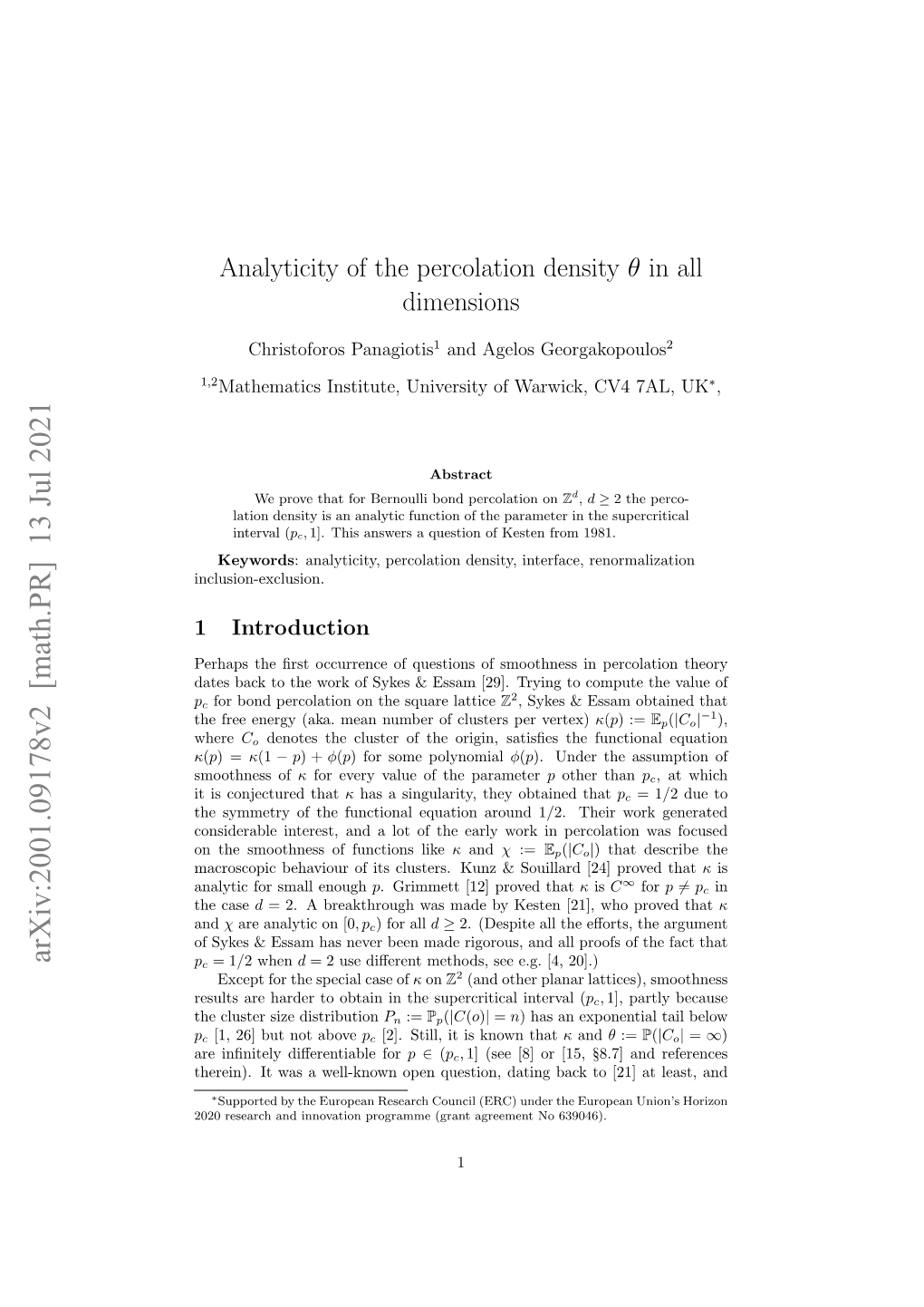 Analyticity of the Percolation Density Θ in All Dimensions