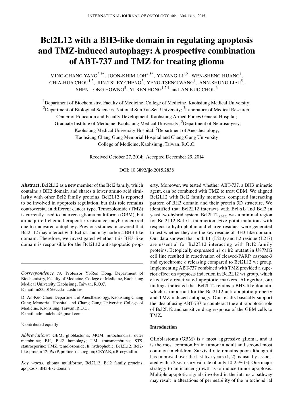 Bcl2l12 with a BH3-Like Domain in Regulating Apoptosis and TMZ-Induced Autophagy: a Prospective Combination of ABT-737 and TMZ for Treating Glioma