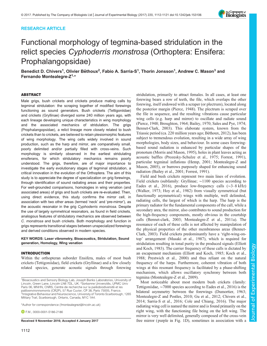 Functional Morphology of Tegmina-Based Stridulation in the Relict Species Cyphoderris Monstrosa (Orthoptera: Ensifera: Prophalangopsidae) Benedict D