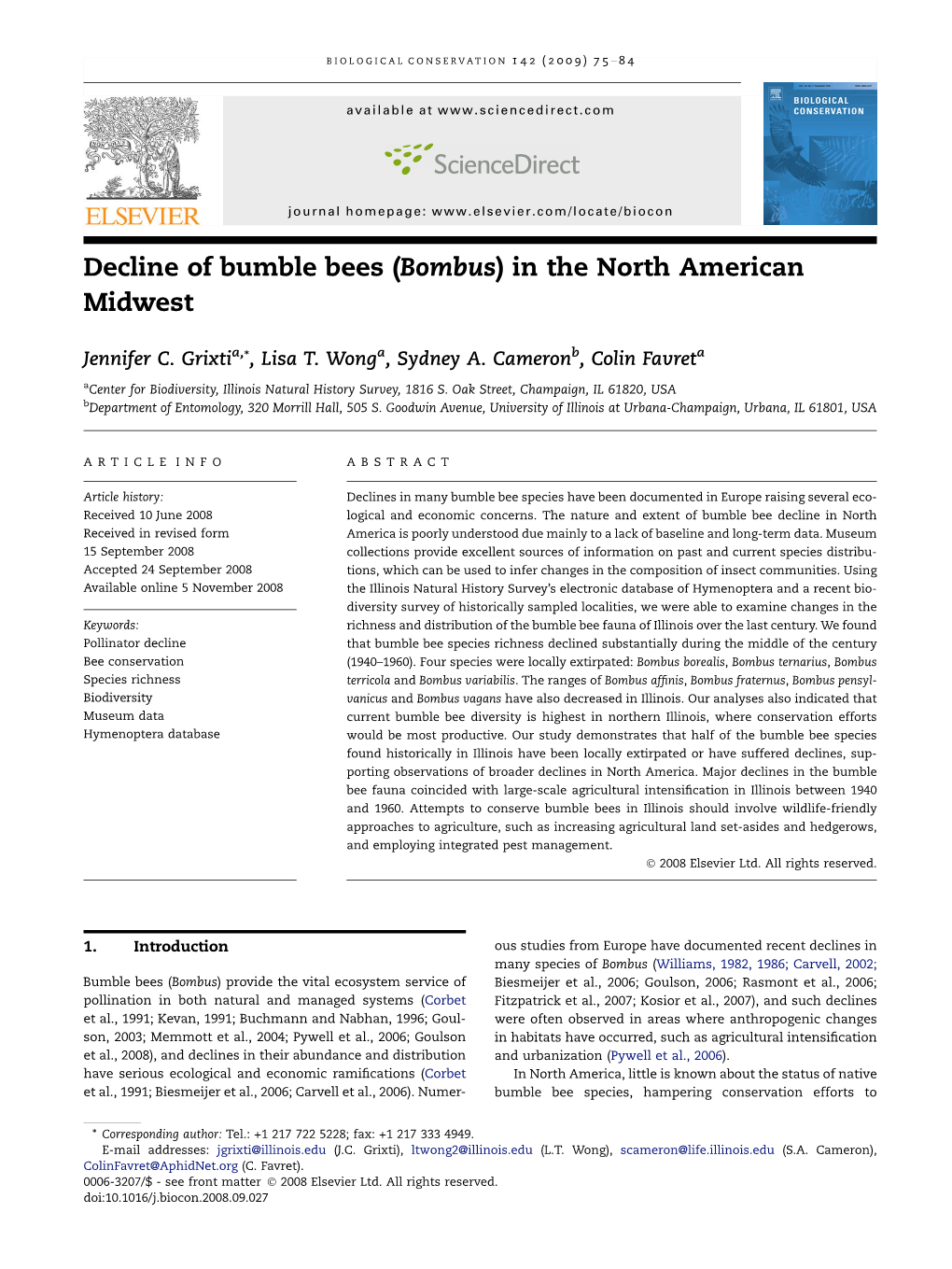 Decline of Bumble Bees (Bombus) in the North American Midwest