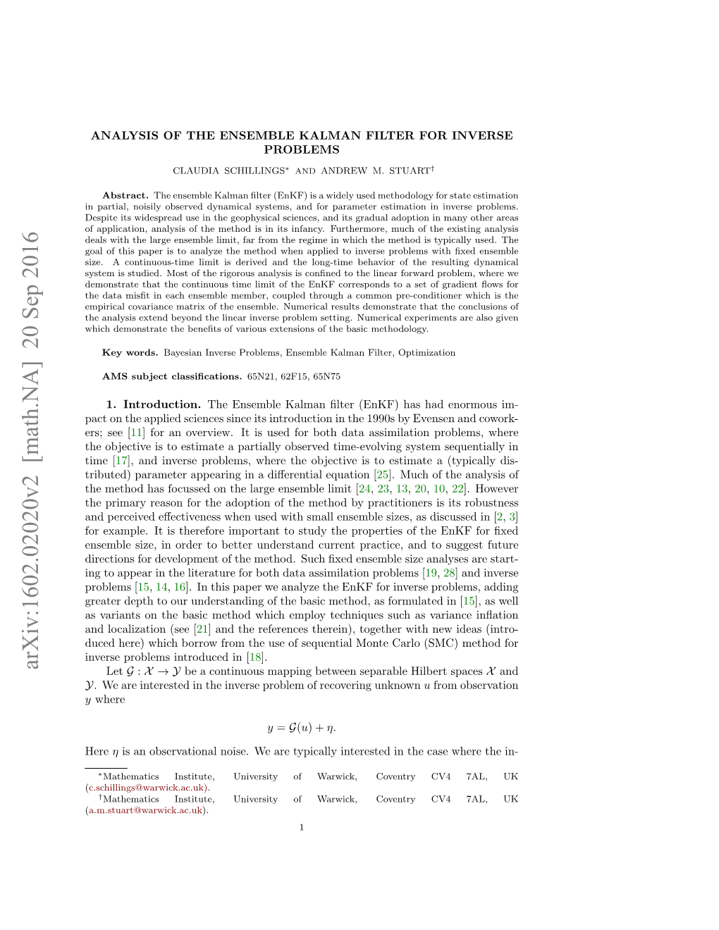 Analysis of the Ensemble Kalman Filter for Inverse Problems