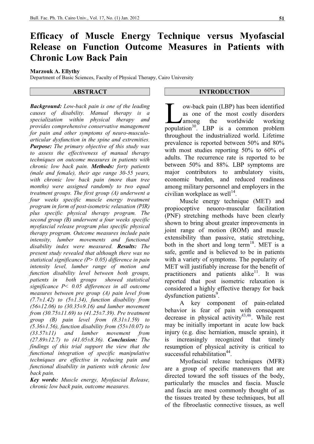 Efficacy of Muscle Energy Technique Versus Myofascial Release on Function Outcome Measures in Patients with Chronic Low Back Pain