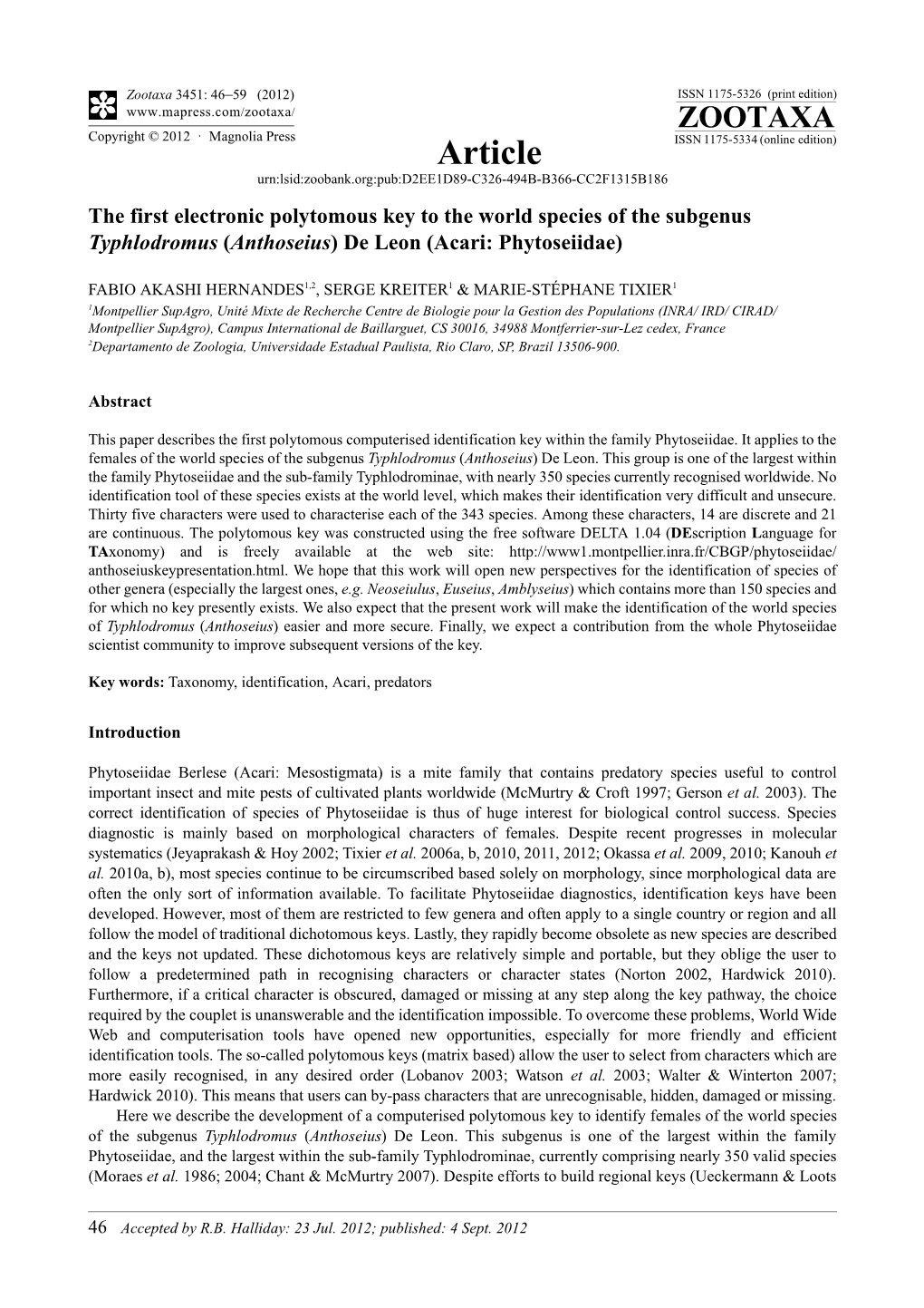 The First Electronic Polytomous Key to the World Species of the Subgenus Typhlodromus (Anthoseius) De Leon (Acari: Phytoseiidae)