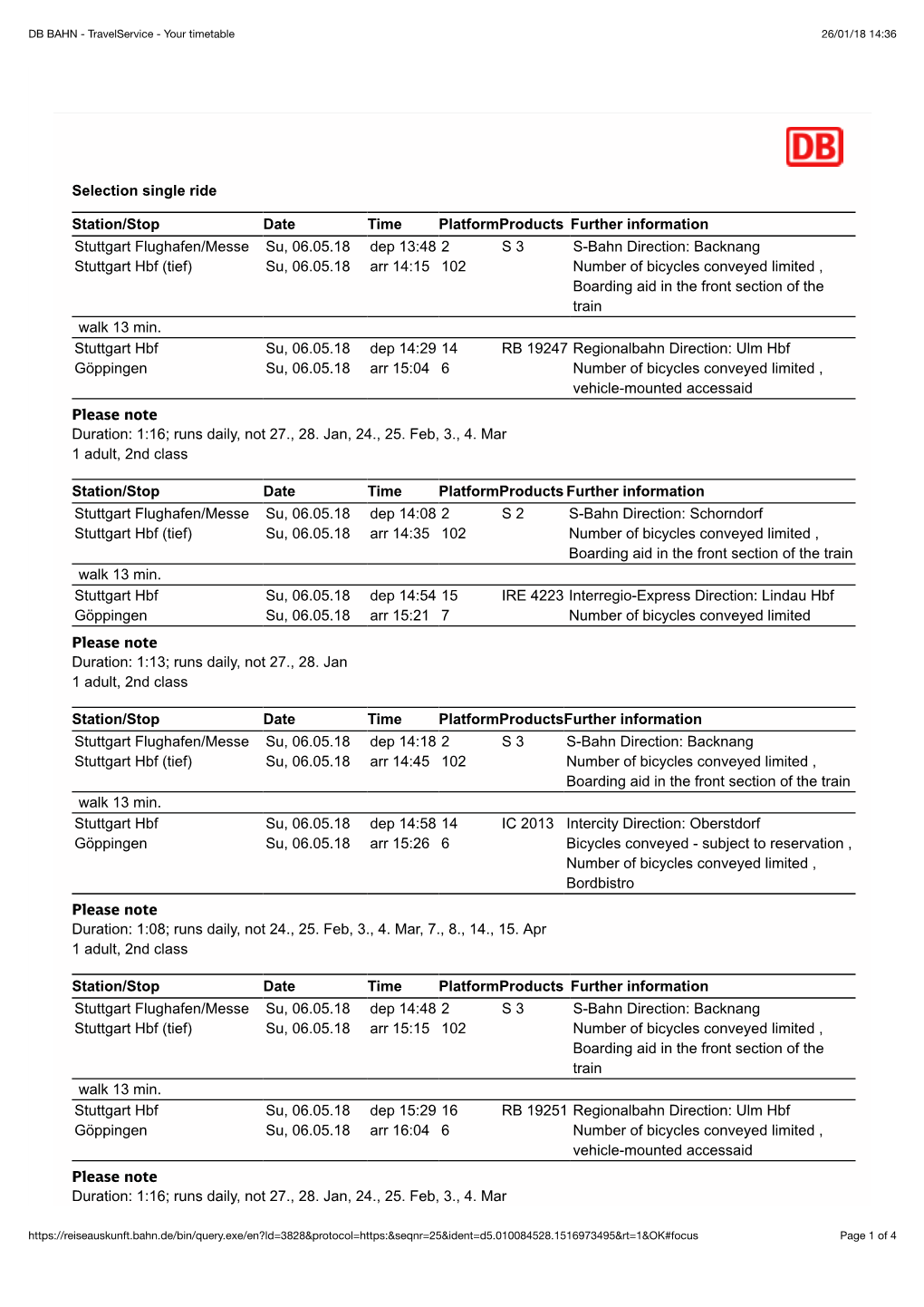 DB BAHN - Travelservice - Your Timetable 26/01/18 14:36