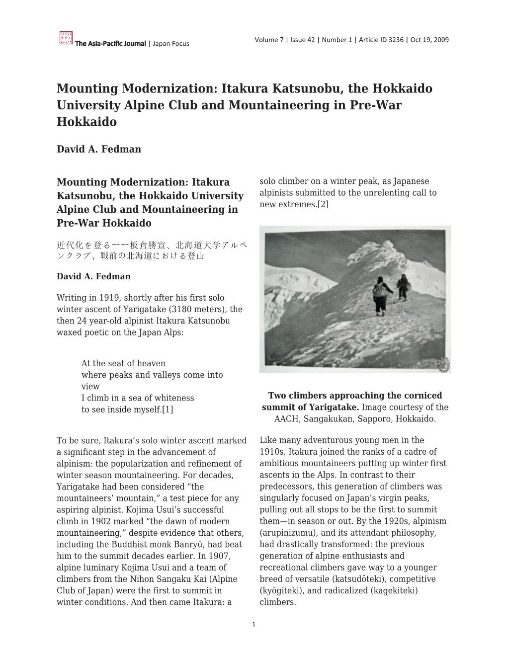 Itakura Katsunobu, the Hokkaido University Alpine Club and Mountaineering in Pre-War Hokkaido