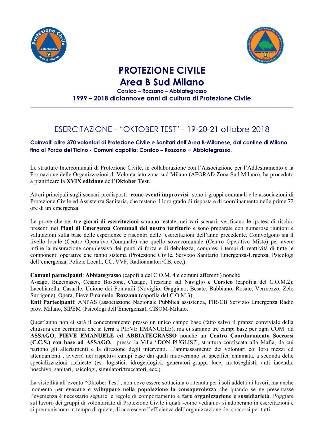 PROTEZIONE CIVILE Area B Sud Milano Corsico – Rozzano – Abbiategrasso 1999 – 2018 Diciannove Anni Di Cultura Di Protezione Civile ______