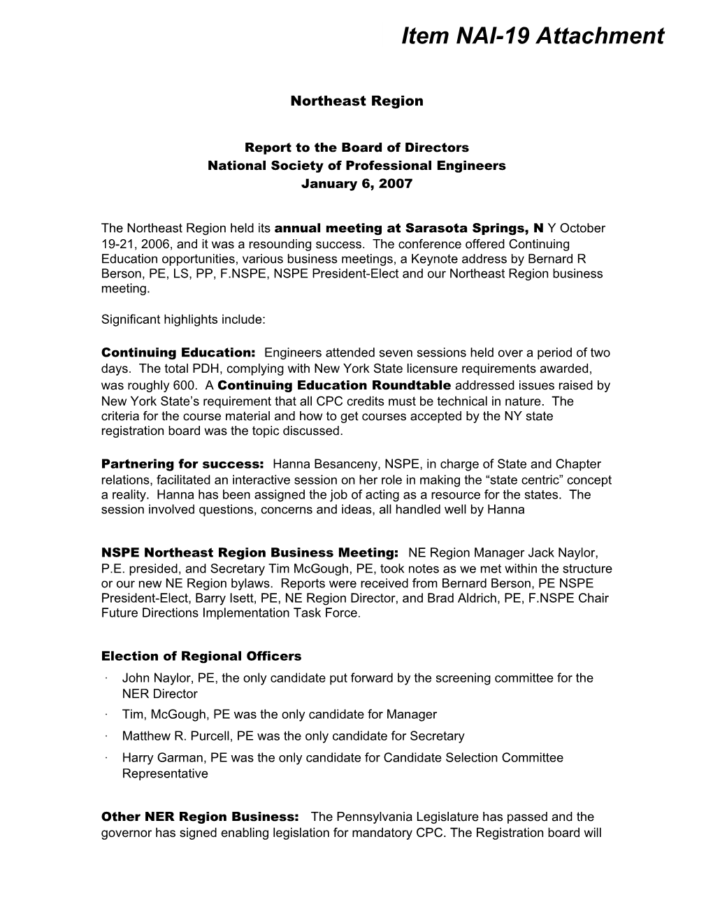 Report to the Board of Directors