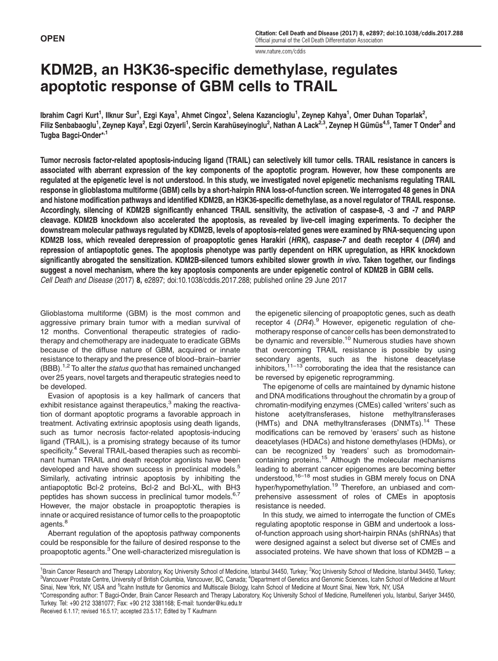 KDM2B, an H3K36-Specific Demethylase, Regulates Apoptotic Response of GBM Cells to TRAIL