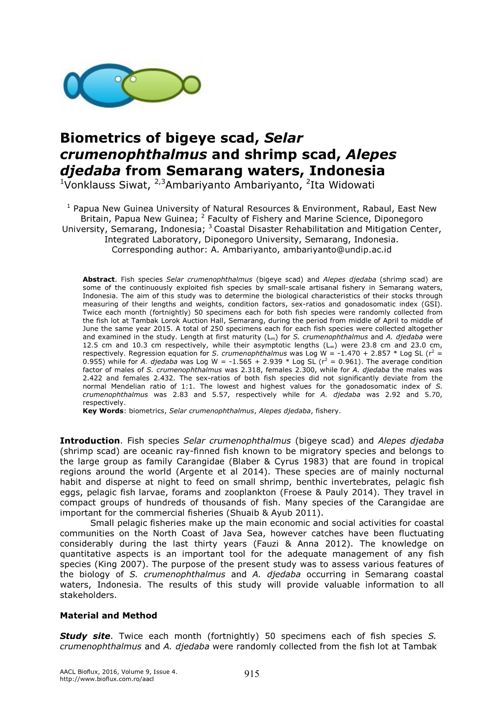 Biometrics of Bigeye Scad, Selar Crumenophthalmus and Shrimp