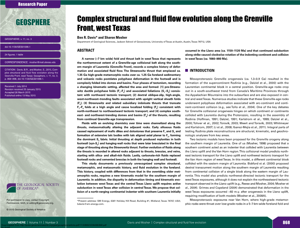 Complex Structural and Fluid Flow Evolution Along the Grenville Front, West Texas