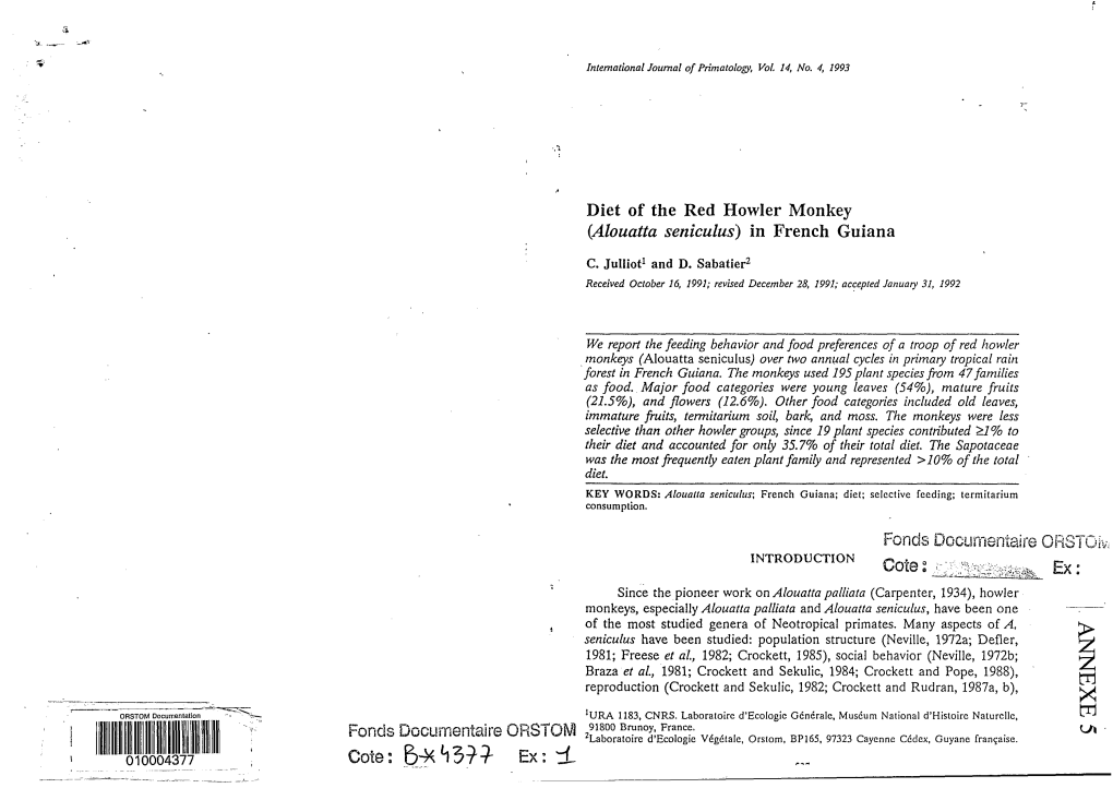 Diet of Red Howler Monkey (Alouatta Seniculus) in French Guiana