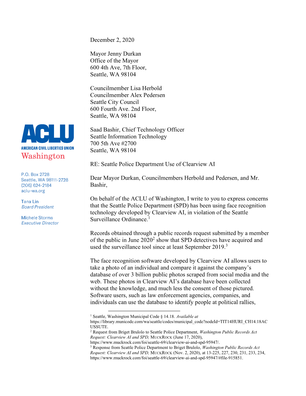 December 2, 2020 Mayor Jenny Durkan Office of the Mayor 600 4Th Ave, 7Th Floor, Seattle, WA 98104 Councilmember Lisa Herbold Co