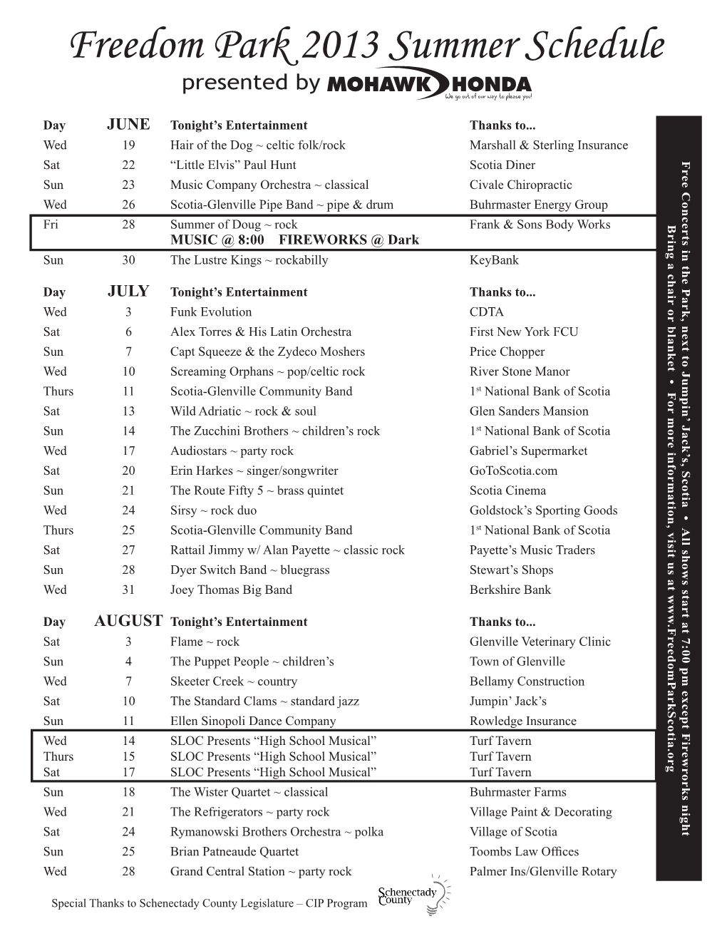 Freedom Park 2013 Summer Schedule Presented By