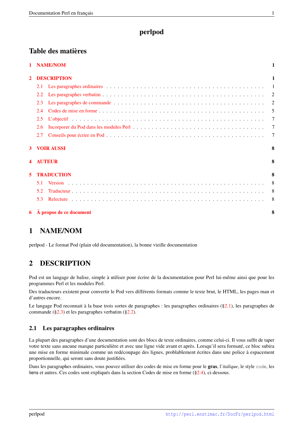 Perlpod Table Des Matières 1 NAME/NOM 2 DESCRIPTION