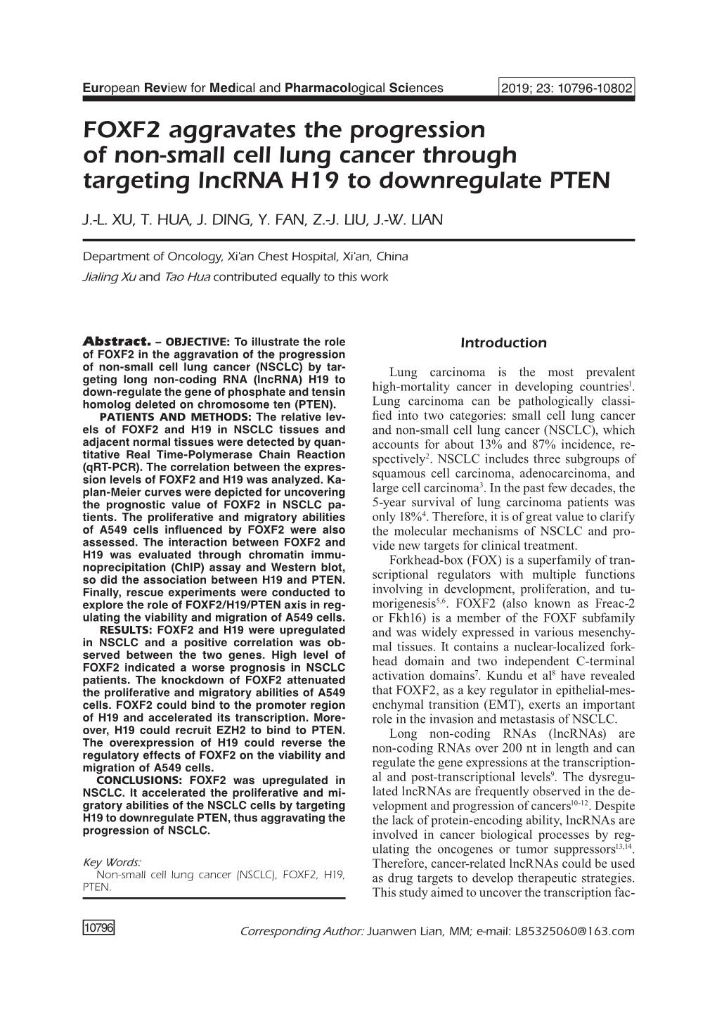 FOXF2 Aggravates the Progression of Non-Small Cell Lung Cancer Through Targeting Lncrna H19 to Downregulate PTEN