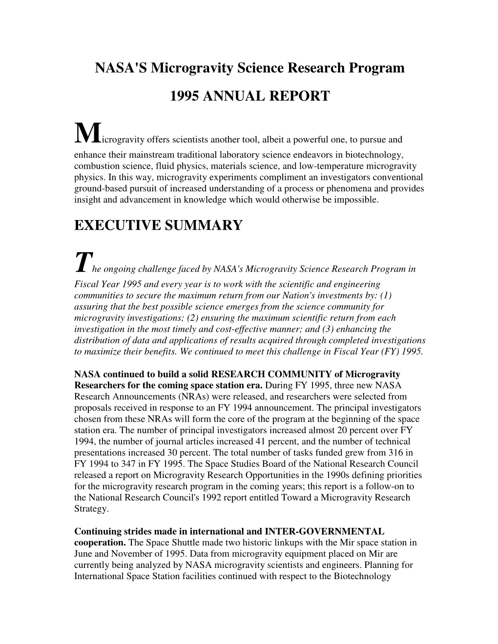 Microgravity Science Research Program 1995 ANNUAL REPORT