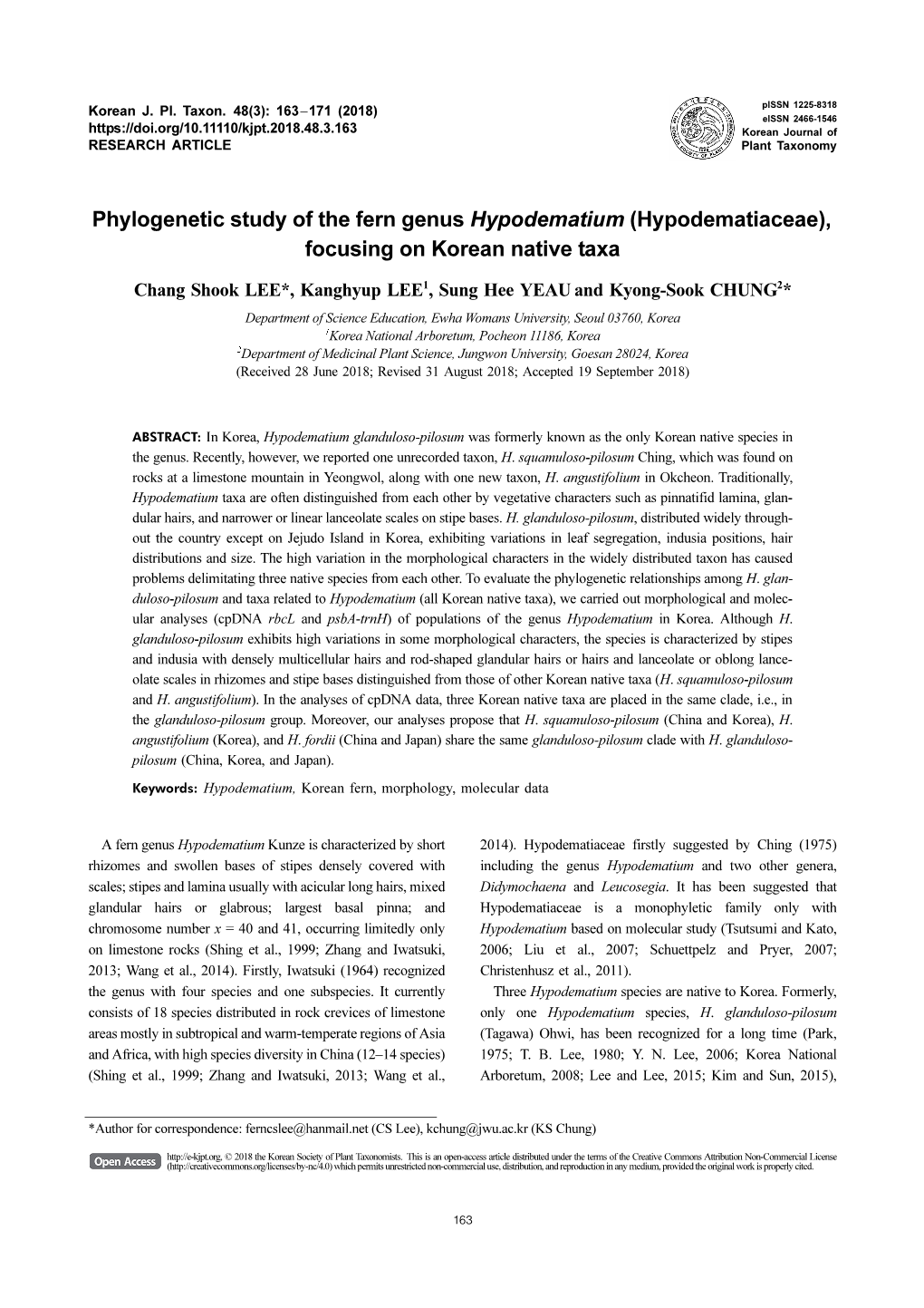 Phylogenetic Study of the Fern Genus Hypodematium (Hypodematiaceae), Focusing on Korean Native Taxa