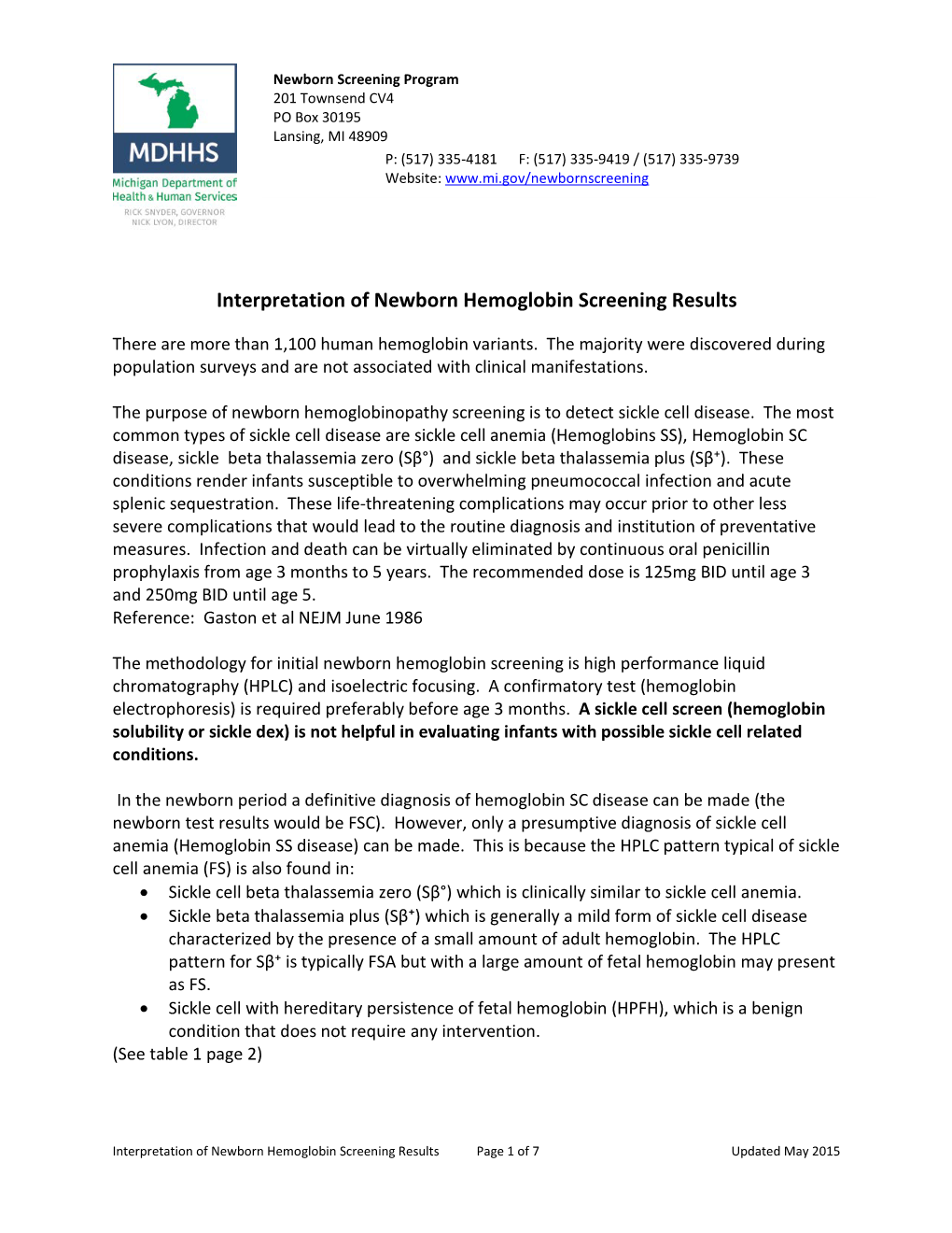 Interpretation of Newborn Hemoglobin Screening Results