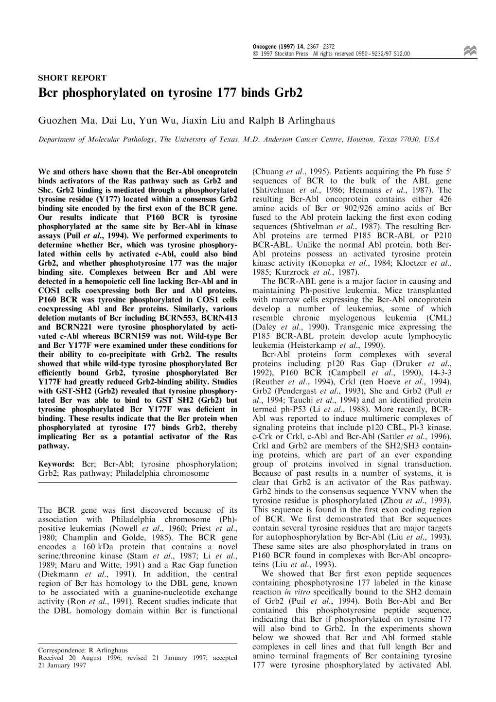 Bcr Phosphorylated on Tyrosine 177 Binds Grb2