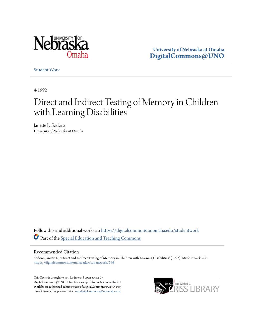 Direct and Indirect Testing of Memory in Children with Learning Disabilities Janette L
