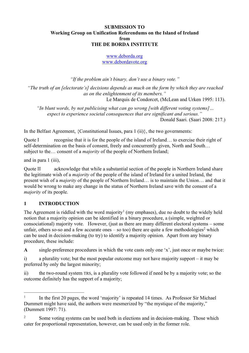 SUBMISSION to Working Group on Unification Referendums on the Island of Ireland from the DE BORDA INSTITUTE