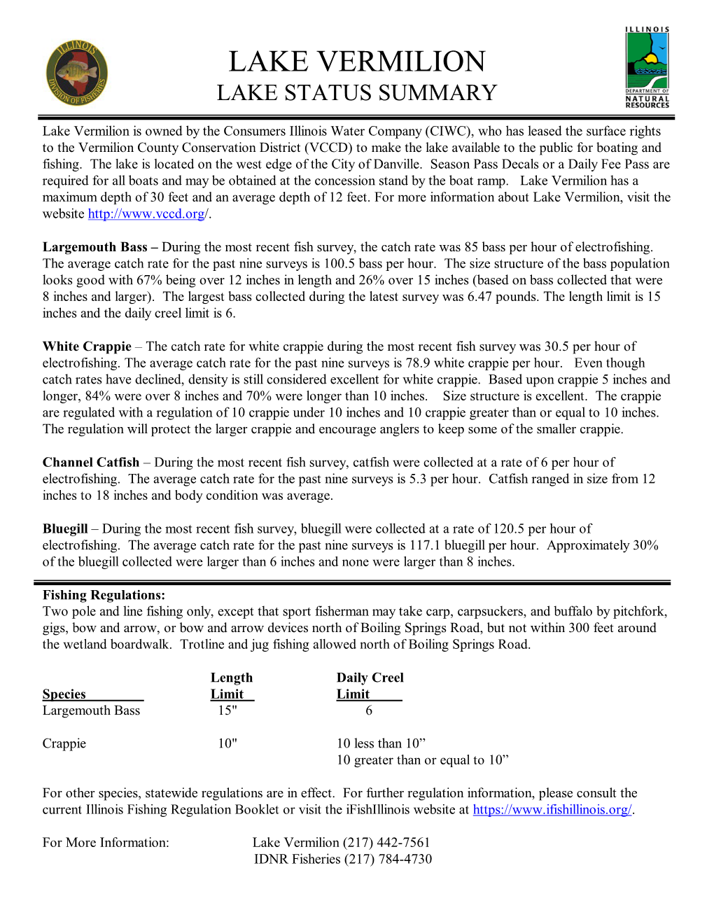 Lake Vermilion Lake Status Summary