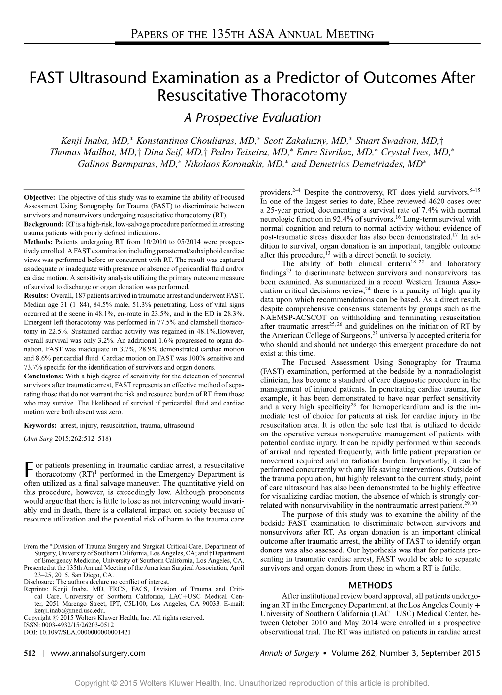 FAST Ultrasound Examination As a Predictor of Outcomes After Resuscitative Thoracotomy a Prospective Evaluation