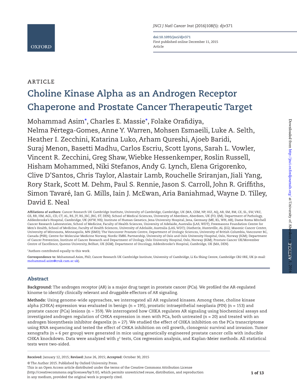 Choline Kinase Alpha As an Androgen Receptor Chaperone and Prostate Cancer Therapeutic Target