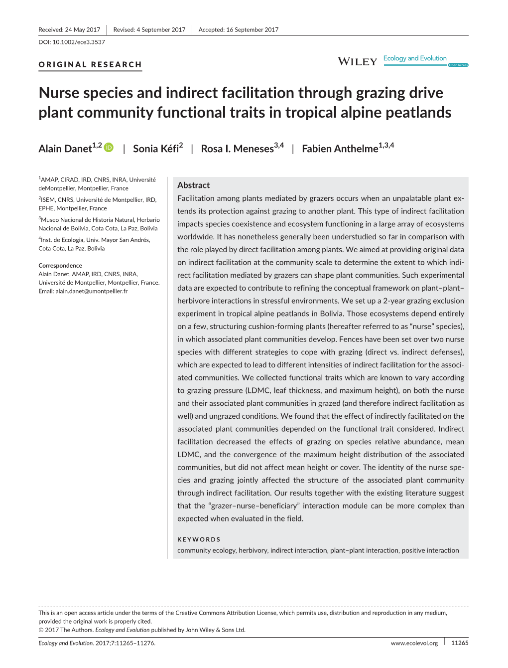 Nurse Species and Indirect Facilitation Through Grazing Drive Plant Community Functional Traits in Tropical Alpine Peatlands