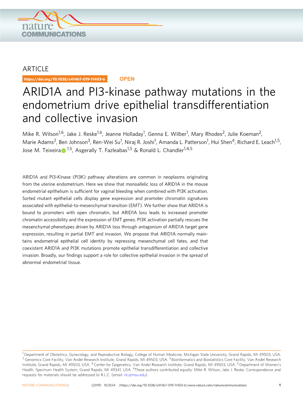 ARID1A and PI3-Kinase Pathway Mutations in the Endometrium Drive Epithelial Transdifferentiation and Collective Invasion