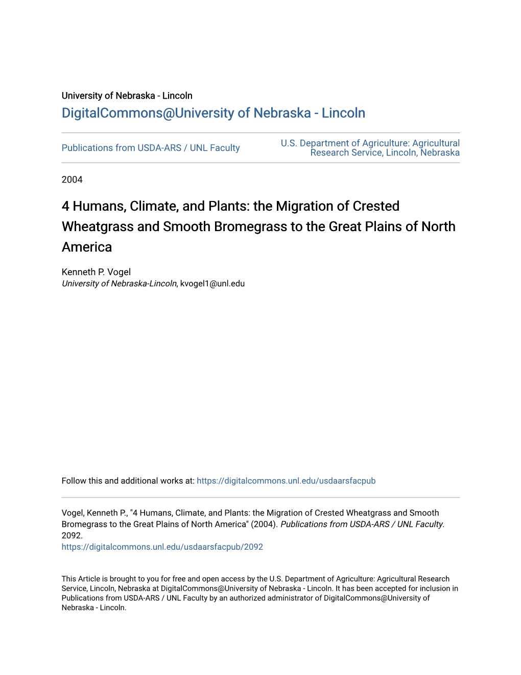 4 Humans, Climate, and Plants: the Migration of Crested Wheatgrass and Smooth Bromegrass to the Great Plains of North America