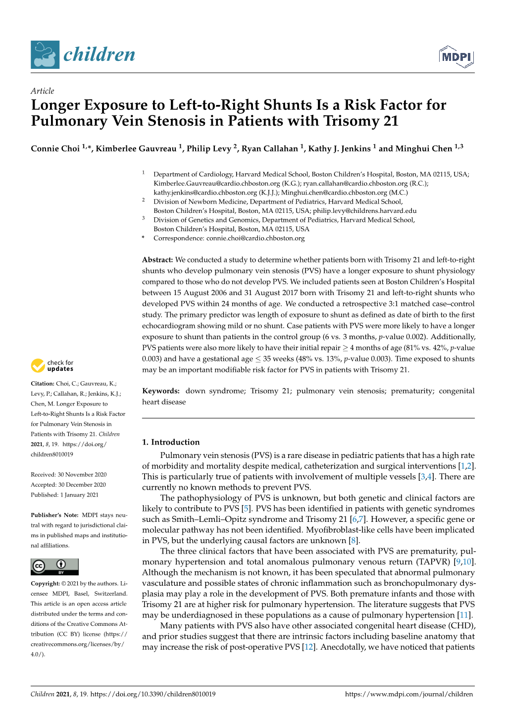 Longer Exposure to Left-To-Right Shunts Is a Risk Factor for Pulmonary Vein Stenosis in Patients with Trisomy 21