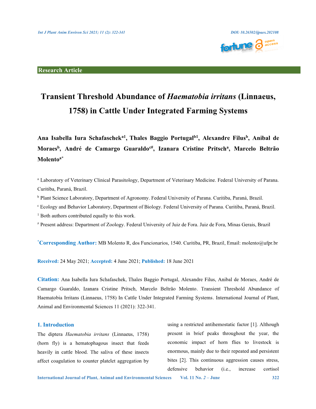 Transient Threshold Abundance of Haematobia Irritans (Linnaeus, 1758) in Cattle Under Integrated Farming Systems