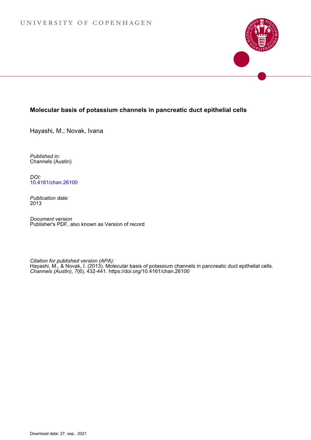 Molecular Basis of Potassium Channels in Pancreatic Duct Epithelial Cells