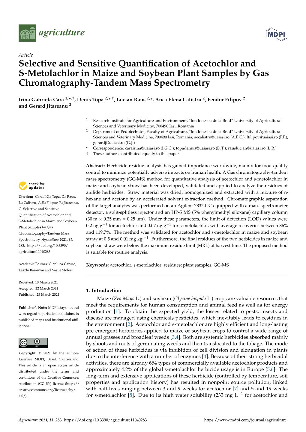 Selective and Sensitive Quantification of Acetochlor and S