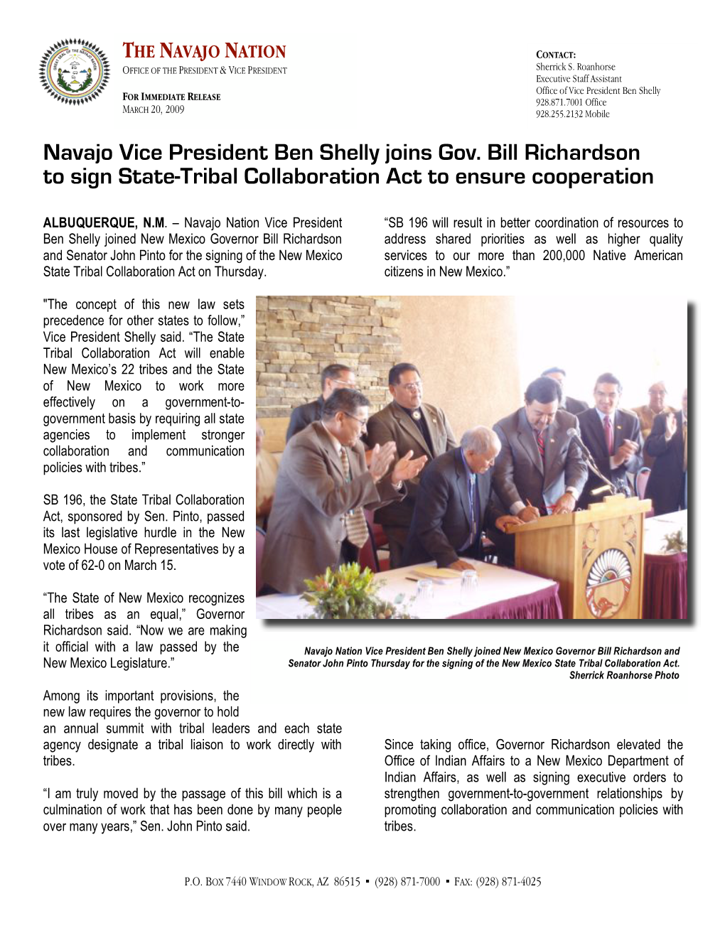 Navajo Vice President Joins Governor for Signing of Collaboration Law, For