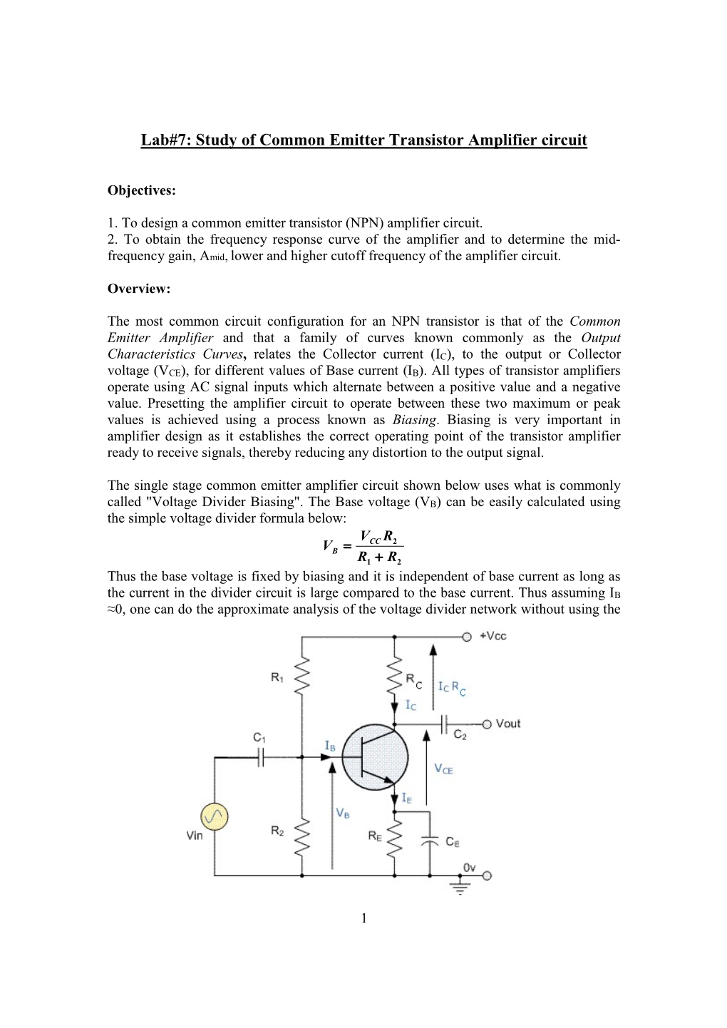 Lab#7: Study of Common Emitter Transistor Amplifier Circuit