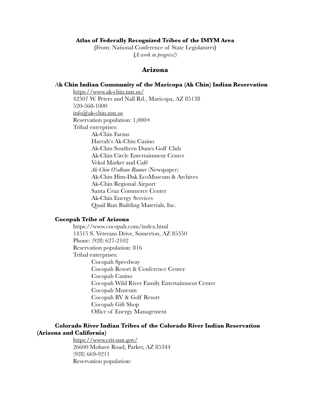 Atlas of Federally Recognized Tribes of the IMYM Area (From: National Conference of State Legislatures) (A Work in Progress!)